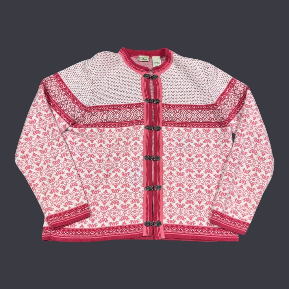 L.L. Bean Pink/Red Nordic Cotton Front Clasp Cardigan Sweater Women's S FLAWS